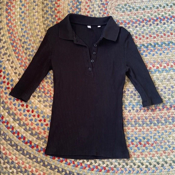 KOTN black cotton ribbed button down quarter polo top in size S - Picture 4 of 5